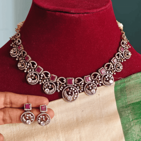 Ruby white peacock victorian necklace set