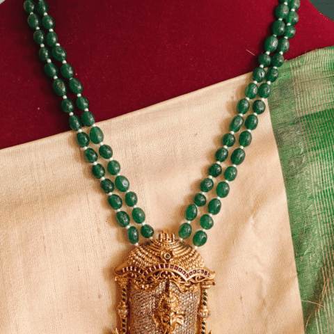 2 in 1 ganesha lakshmi pendant with double line green beads chain
