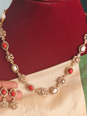 oval pearl coral stone necklace set