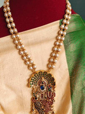 Narasimha pendant with double line shell pearl mala