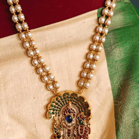 Narasimha pendant with double line shell pearl mala