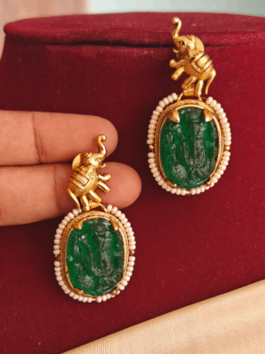 Elephant ganesha emerald carving earrings