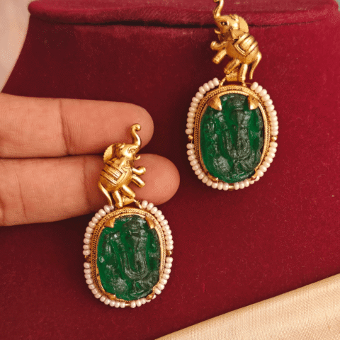 Elephant ganesha emerald carving earrings