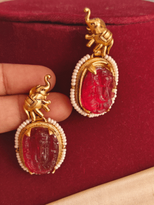 Elephant ganesha ruby carving earrings