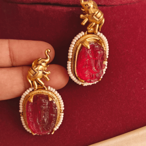 Elephant ganesha ruby carving earrings