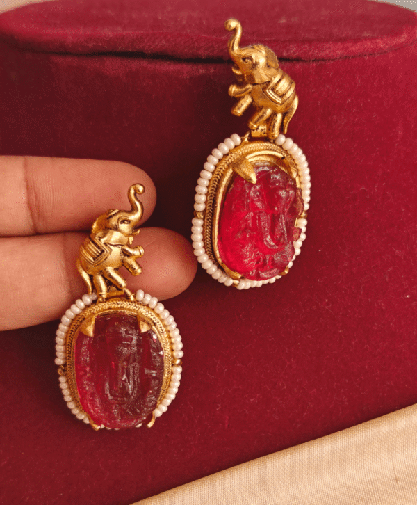 Elephant ganesha ruby carving earrings
