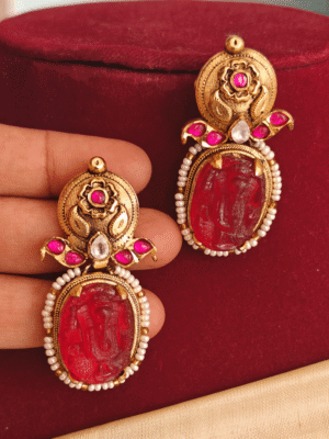 Ganesha ruby carving earrings
