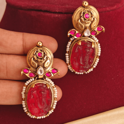 Ganesha ruby carving earrings