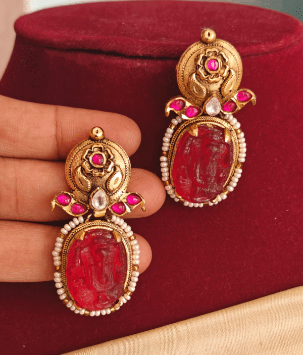 Ganesha ruby carving earrings