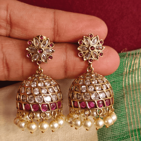 flower victorian jhumkha  (Ruby white)