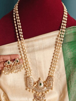 Three line pearl mala chandbali haaram