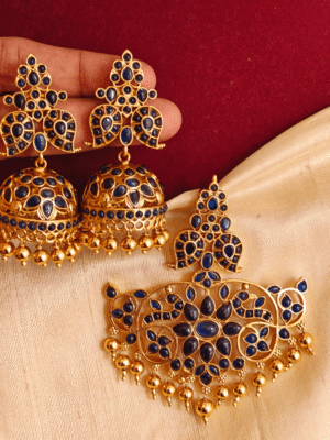 Traditional mango kemp pendant with jhumkha (blue)