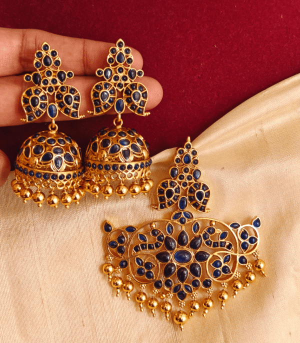 Traditional mango kemp pendant with jhumkha (blue)