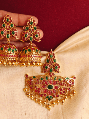 Traditional mango kemp pendant with jhumkha  (red green)