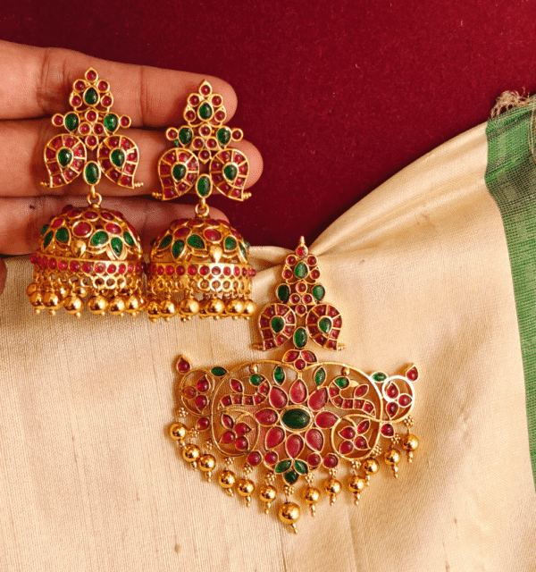 Traditional mango kemp pendant with jhumkha  (red green)