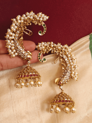 Fish earcuff with pearl cluster jhumkha