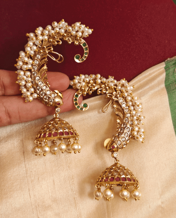 Fish earcuff with pearl cluster jhumkha
