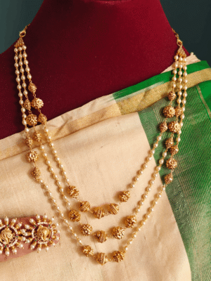 Three line pearl antique mala with earrings