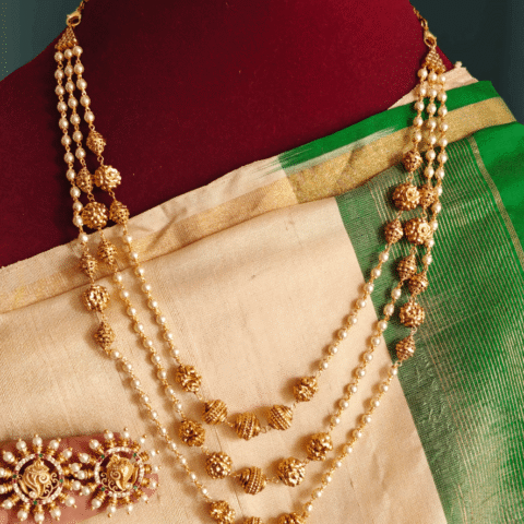 Three line pearl antique mala with earrings