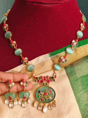 Oval stone kundan necklace (Mint green multicolor)
