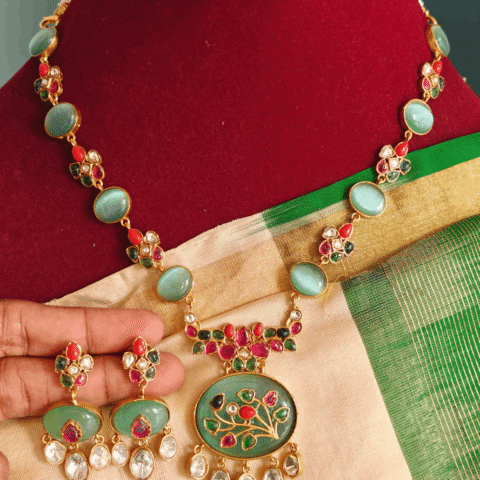 Oval stone kundan necklace (Mint green multicolor)