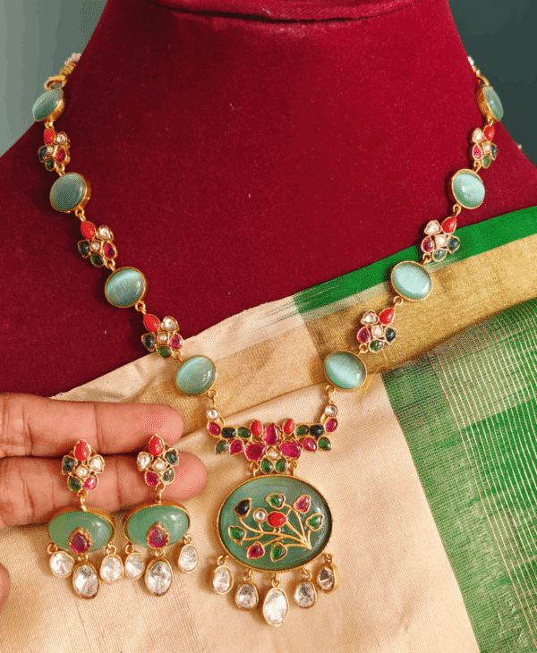 Oval stone kundan necklace (Mint green multicolor)