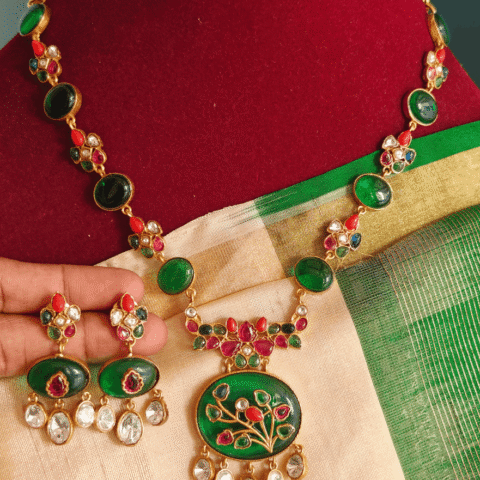 Oval stone kundan necklace (Darkgreen multicolor)