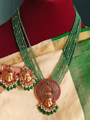 Kathak pendant set with 6 line semi precious green beads