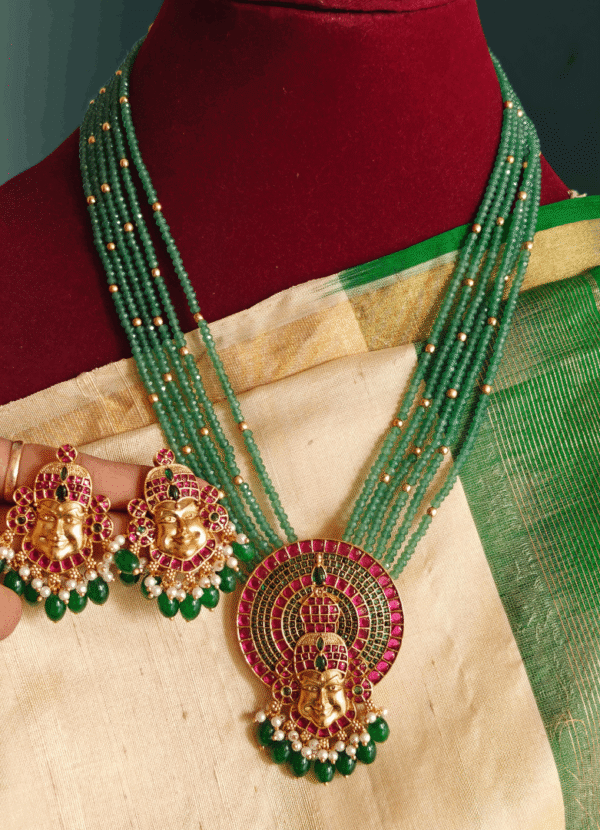Kathak pendant set with 6 line semi precious green beads