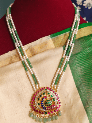 Peacock jadau pendant with three line pearl and green beads chain