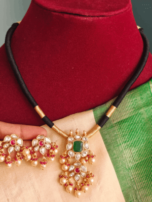 Kundan black rope necklace