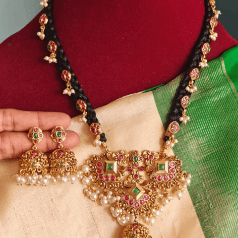 Flower jhumkha braided rope haaram set