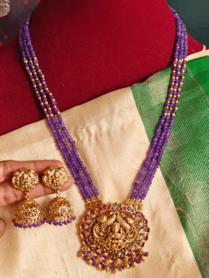 Lakshmi peacock pendant purple beads set with jhumkha
