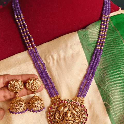 Lakshmi peacock pendant purple beads set with jhumkha
