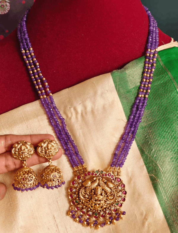 Lakshmi peacock pendant purple beads set with jhumkha