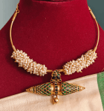 Damaru fusion kemp pendant with pearls hasli (Green blue)
