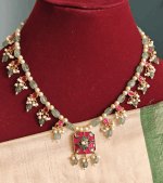 Kundan mossainaite mint green beads mala (Square pendant)