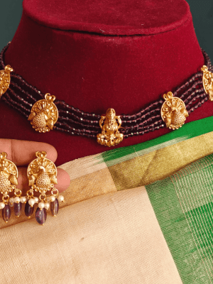 Purple beaded 5 line lakshmi choker necklace set