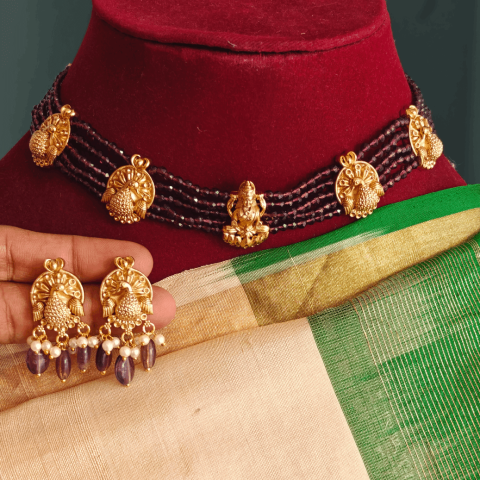 Purple beaded 5 line lakshmi choker necklace set