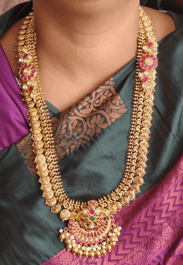 Amirthya double side moppu style annam kasu haaram with jhumkha