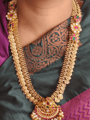 Amirthya lotus double side moppu style annam kasu haaram with jhumkha