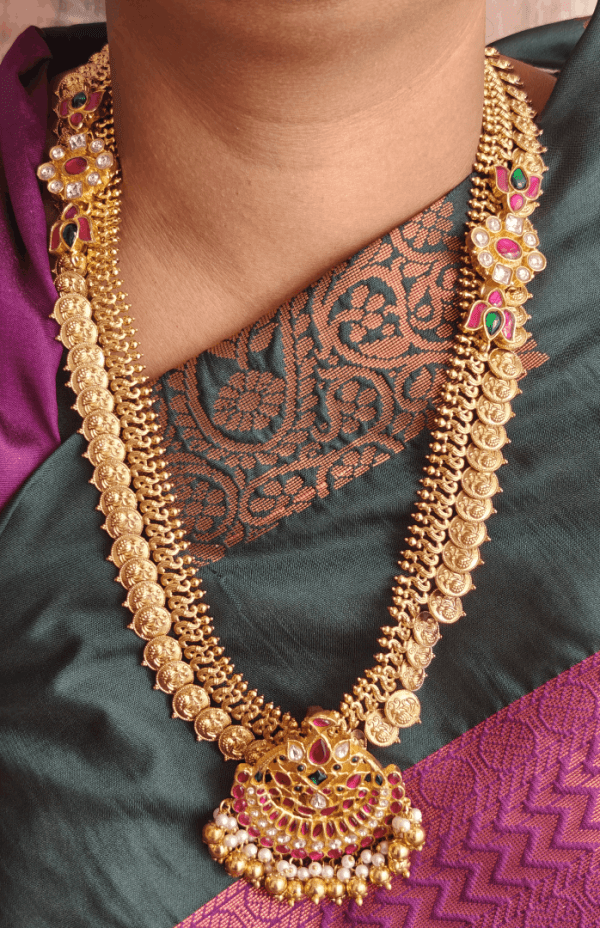Amirthya lotus double side moppu style annam kasu haaram with jhumkha