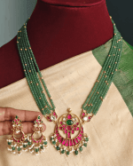 kamalam jadau pendant with 6 line green beads set