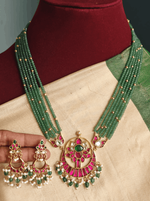 kamalam jadau pendant with 6 line green beads set