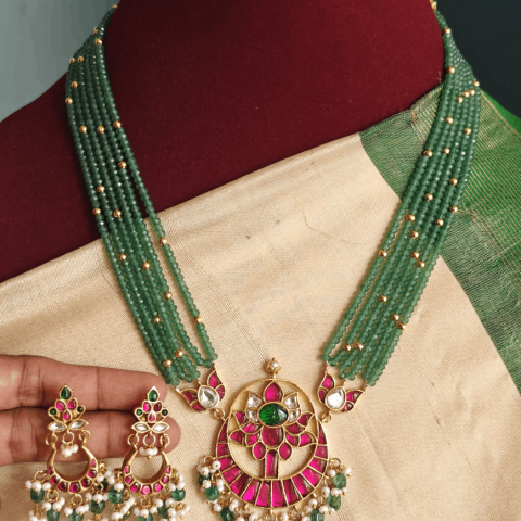 kamalam jadau pendant with 6 line green beads set