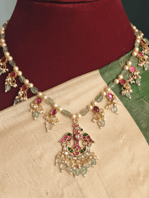 Kundan mossainaite mint green beads mala (Bird design)