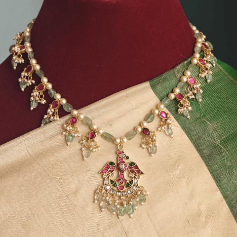 Kundan mossainaite mint green beads mala (Bird design)
