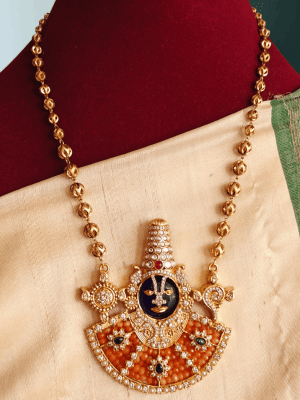 Beaded balaji pendent( orange ) with lotus chain