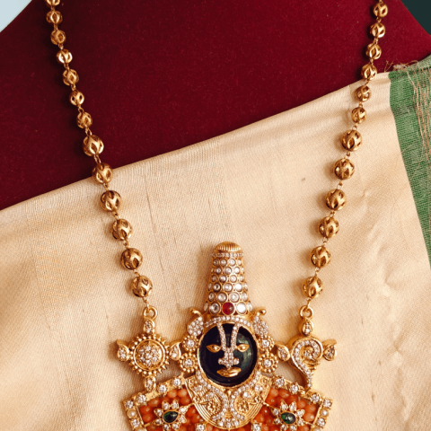 Beaded balaji pendent( orange ) with lotus chain