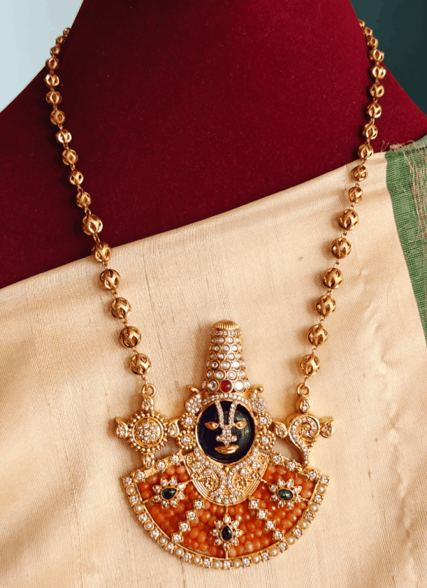 Beaded balaji pendent( orange ) with lotus chain